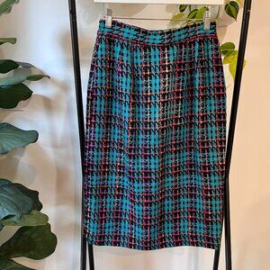 Doncaster Silks Vintage 90s Skirt NWT 100% Silk Jewel Toned Turquoise Plaid Sz 6